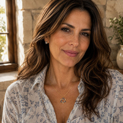 Gold-plated Israel Flag Jewish Star necklace with cubic zirconia, symbolizing pride and connection to Israel, adjustable chain included.