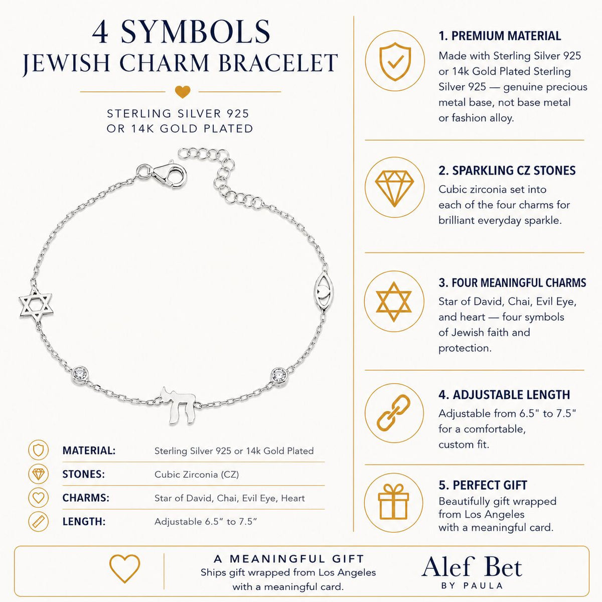 Jewish Star of David Chai Evil Eye Charm Bracelet in Sterling Silver 925, symbols of faith worn every day