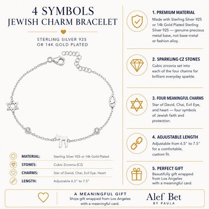 Jewish Star of David Chai Evil Eye Charm Bracelet in Sterling Silver 925, symbols of faith worn every day