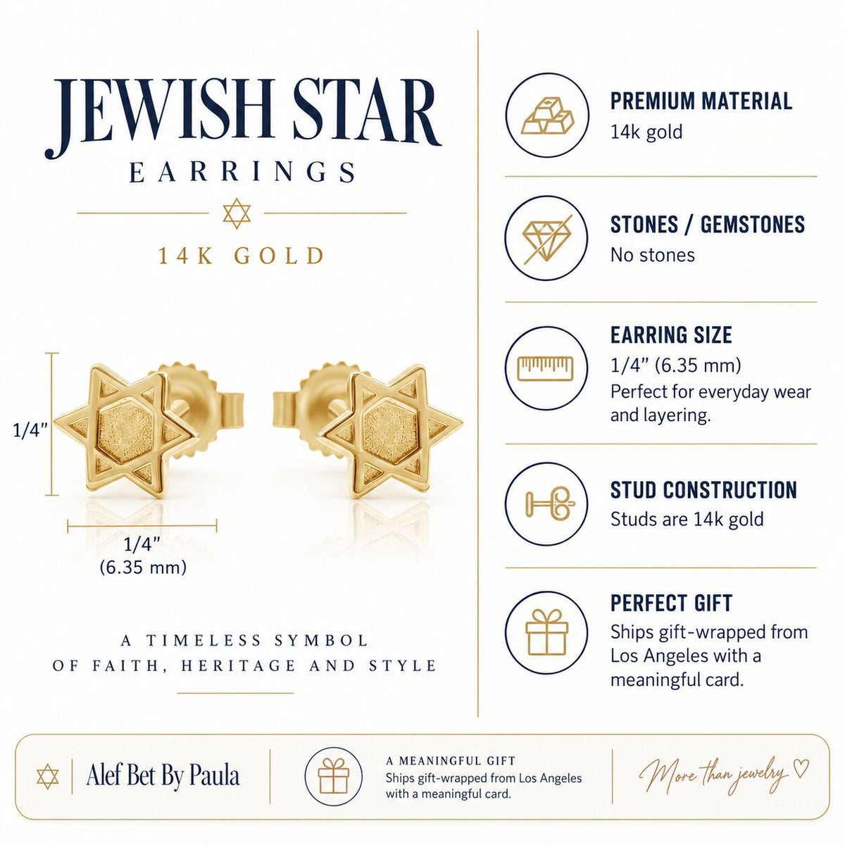 Star of David Stud Earrings in 14k Yellow Gold, a timeless symbol of faith for everyday wear