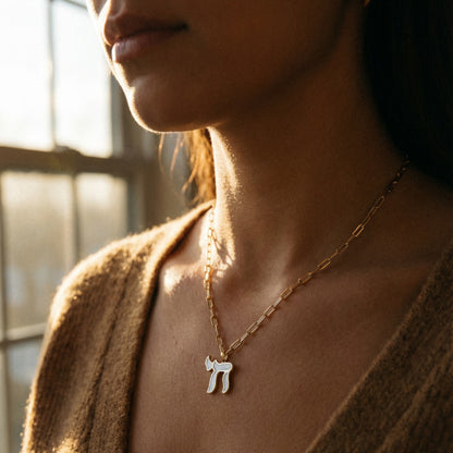 Chai necklace in yellow gold plated metal with colorful enamel inlay and paperclip chain by Alef Bet