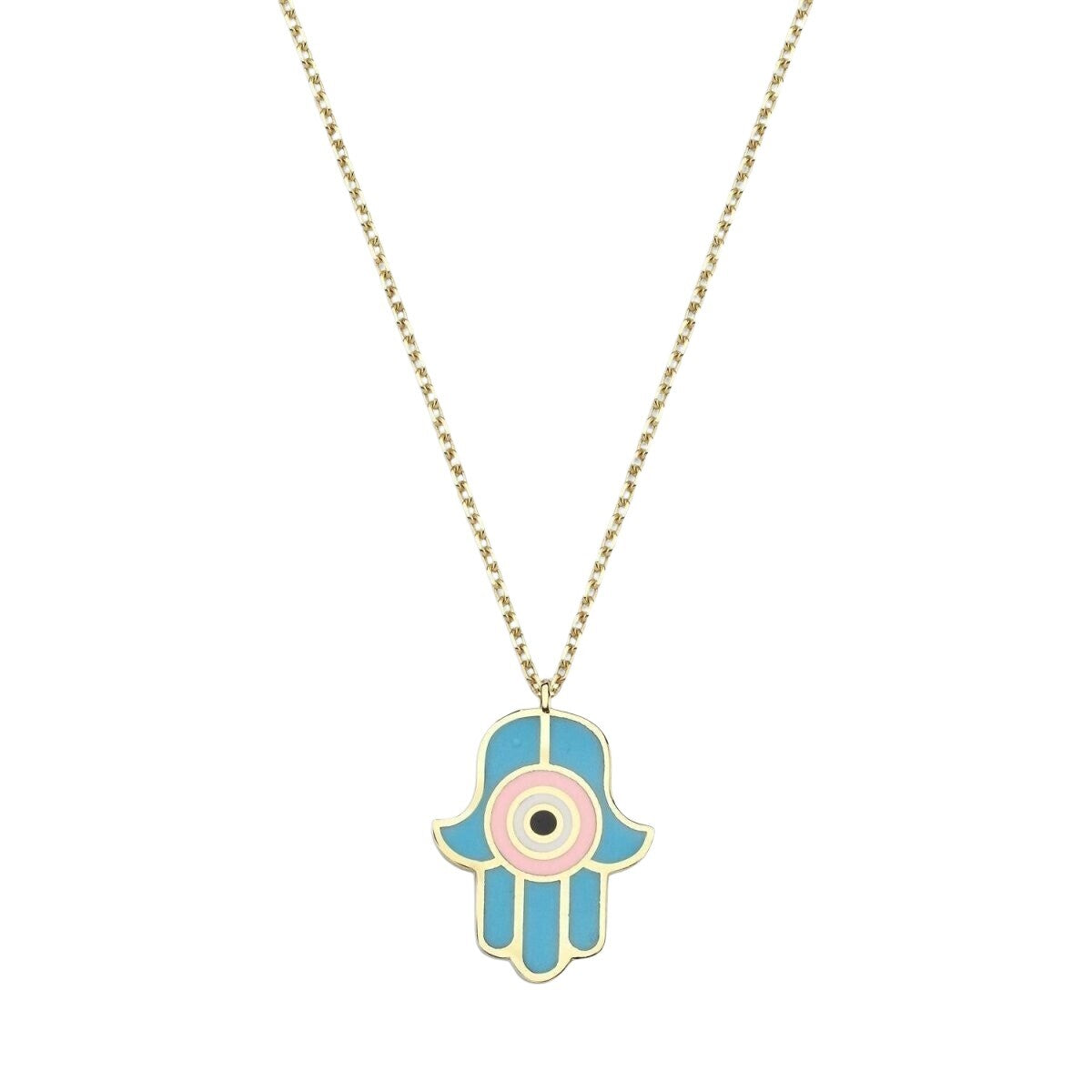 Hamsa Necklace Hand Enameled Light Blue and Pink Gold Plated