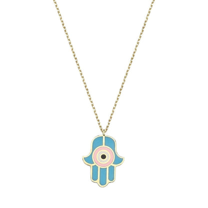Hamsa Necklace Hand Enameled Light Blue and Pink Gold Plated