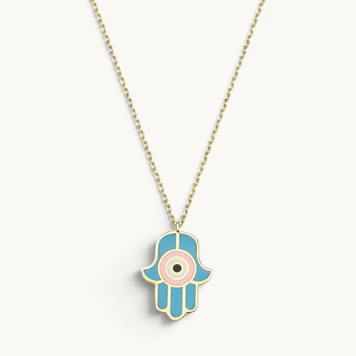 Hamsa Necklace Hand Enameled Light Blue and Pink Gold Plated