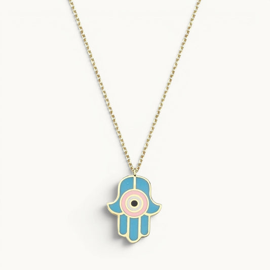 Hamsa hand necklace in gold with blue enamel charm and dual chain by Alef Bet