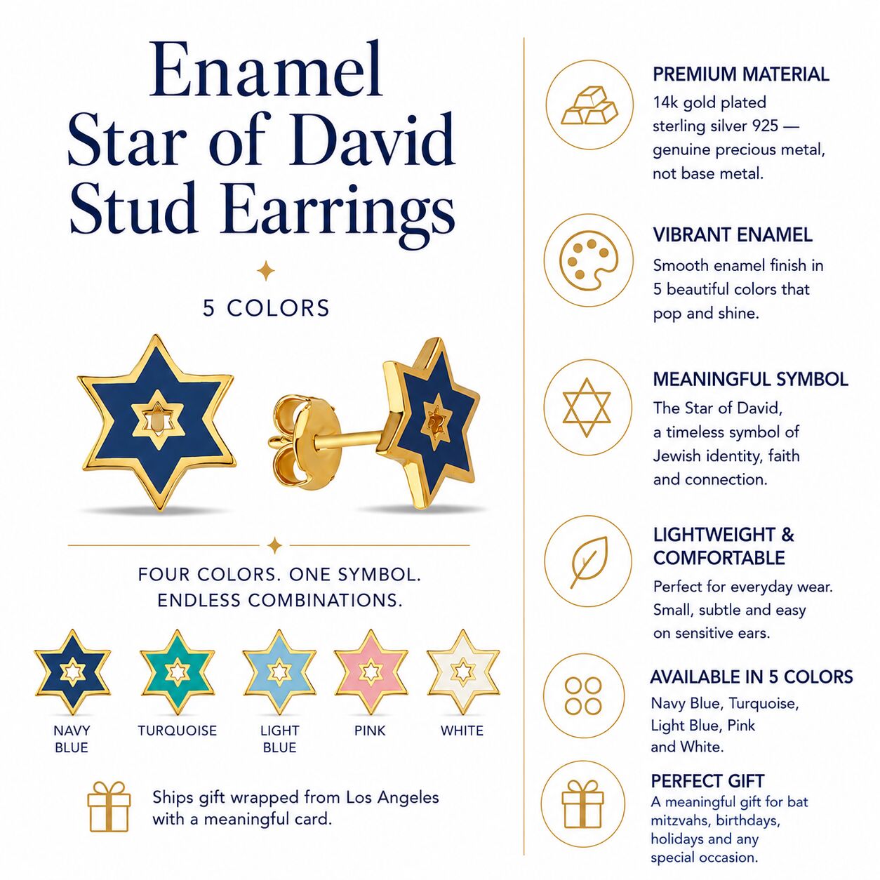 Jewish Star of David Enamel Stud Earrings in 14k Gold Plated Sterling Silver 925, five colors to match every mood