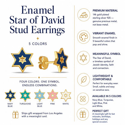 Jewish Star of David Enamel Stud Earrings in 14k Gold Plated Sterling Silver 925, five colors to match every mood