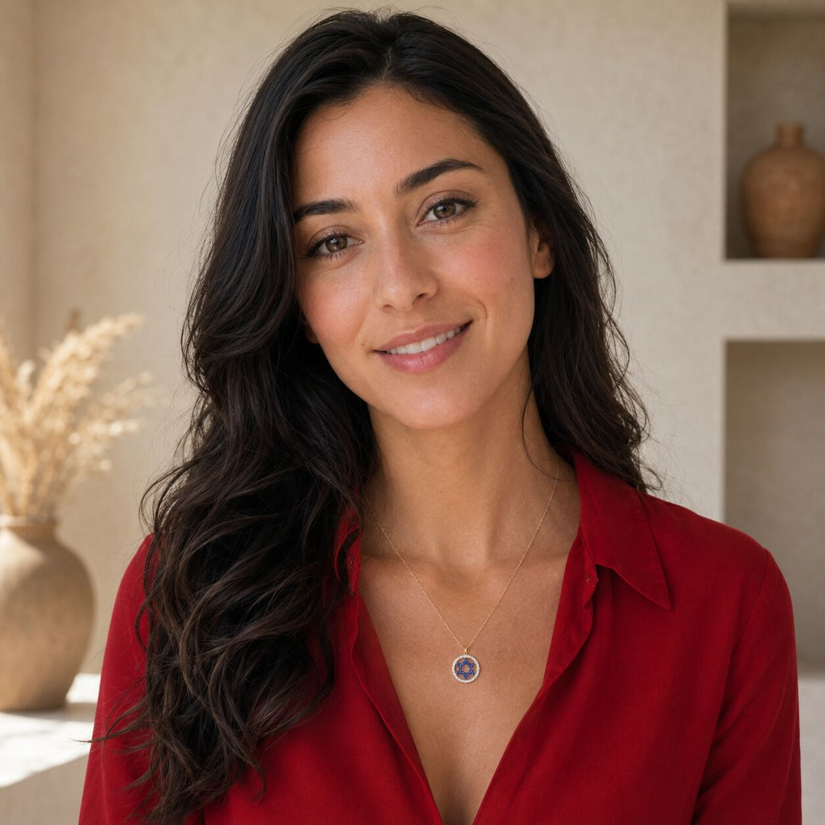 Star of David pendant necklace featuring blue CZ stone with bezel-set halo in two-tone silver and gold by Alef Bet