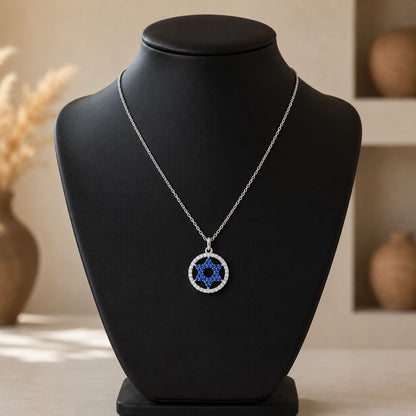 Blue CZ Halo Star of David Necklace in Sterling Silver 925, wear your identity seen from across the room