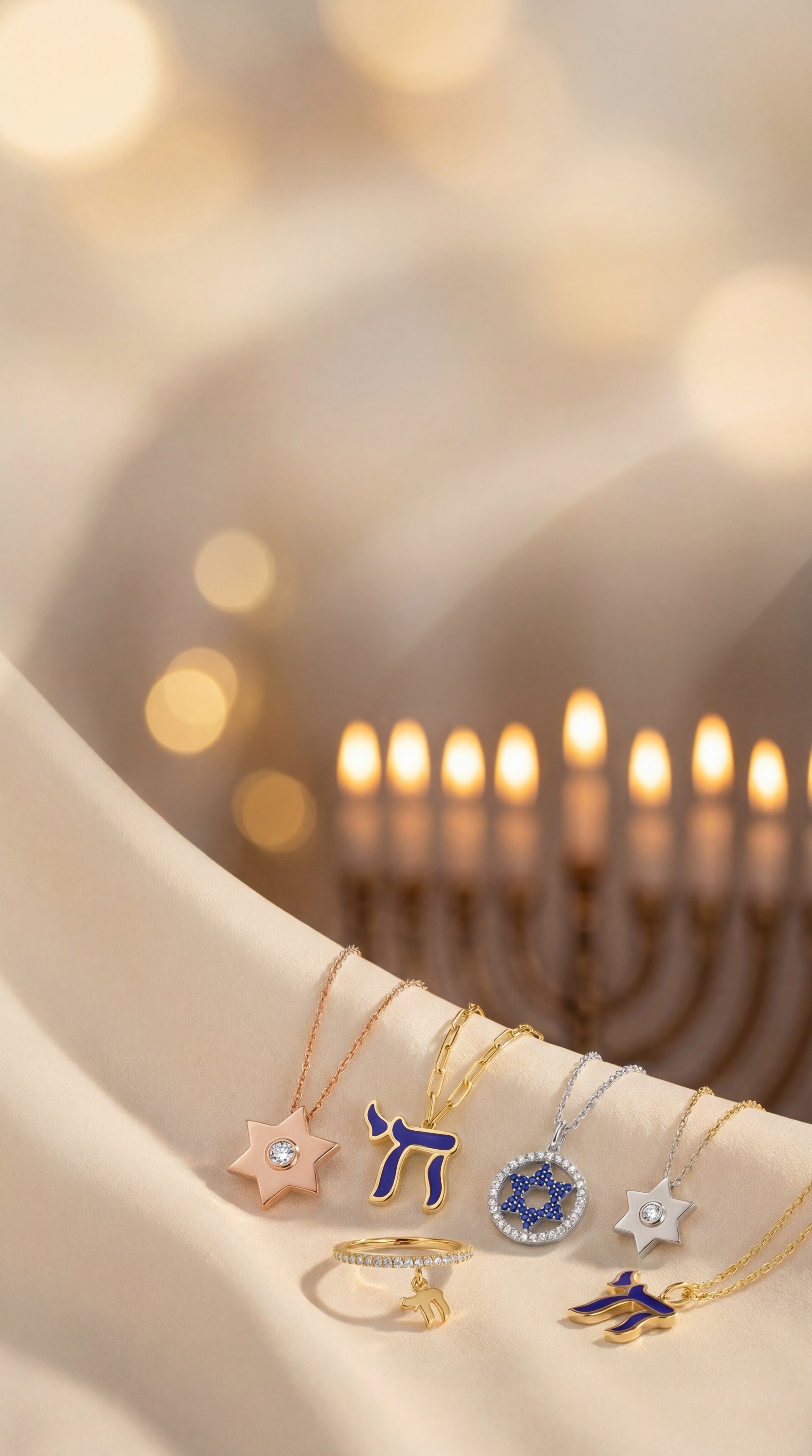 Jewelry set with pendants and rings on a soft surface with a blurred candlelight background