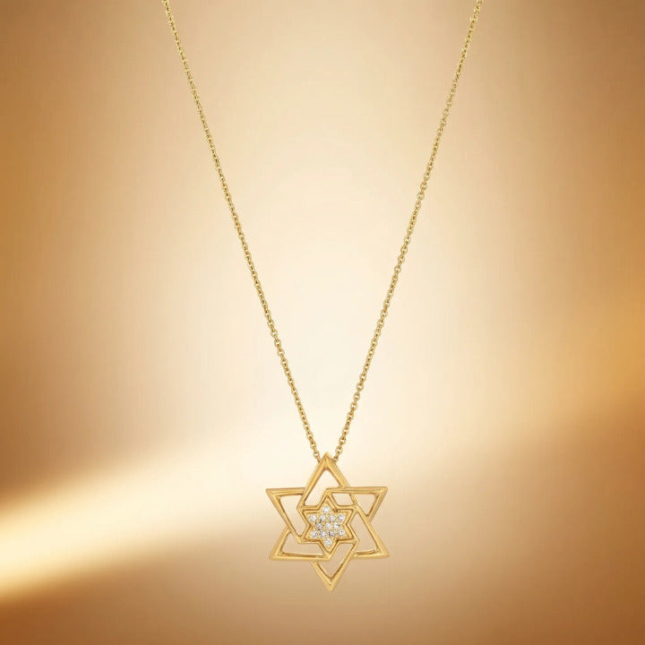 Star of David necklace 14k gold with modern abstract interpretation by Alef Bet