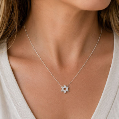 Star of David pendant in sterling silver with bezel-set cubic zirconia and cutout design by Alef Bet