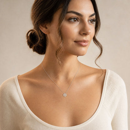 Cubic zirconia Star of David pendant in sterling silver with openwork star detail by Alef Bet