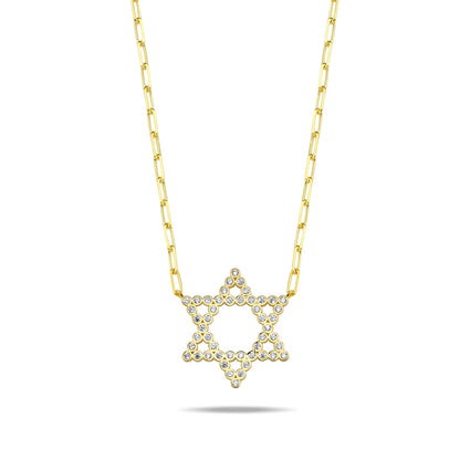 Jewish Star Yellow Gold Plated Cubic Zirconia Necklace