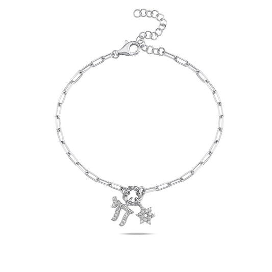 Sterling silver chai star bracelet with bezel-set cubic zirconia by Alef Bet
