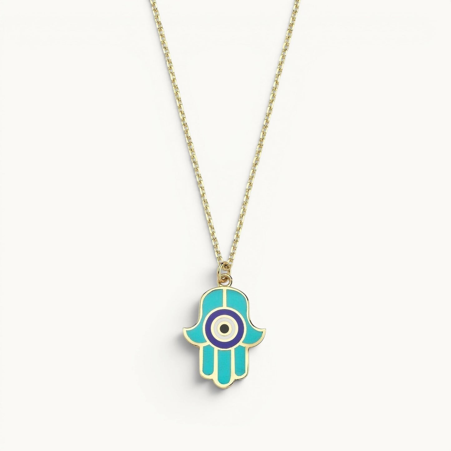 Hamsa pendant in turquoise and navy enamel with high-polish finish by Alef Bet