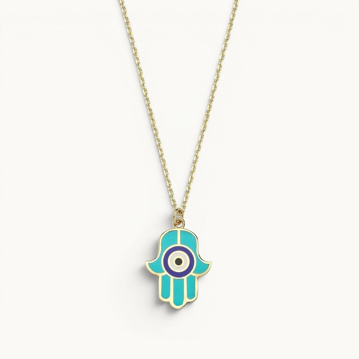 Hamsa pendant in turquoise and navy enamel with high-polish finish by Alef Bet