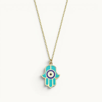 Hamsa pendant in turquoise and navy enamel with high-polish finish by Alef Bet
