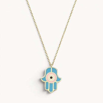 Hamsa pendant in turquoise and pink enamel with high-polish finish by Alef Bet