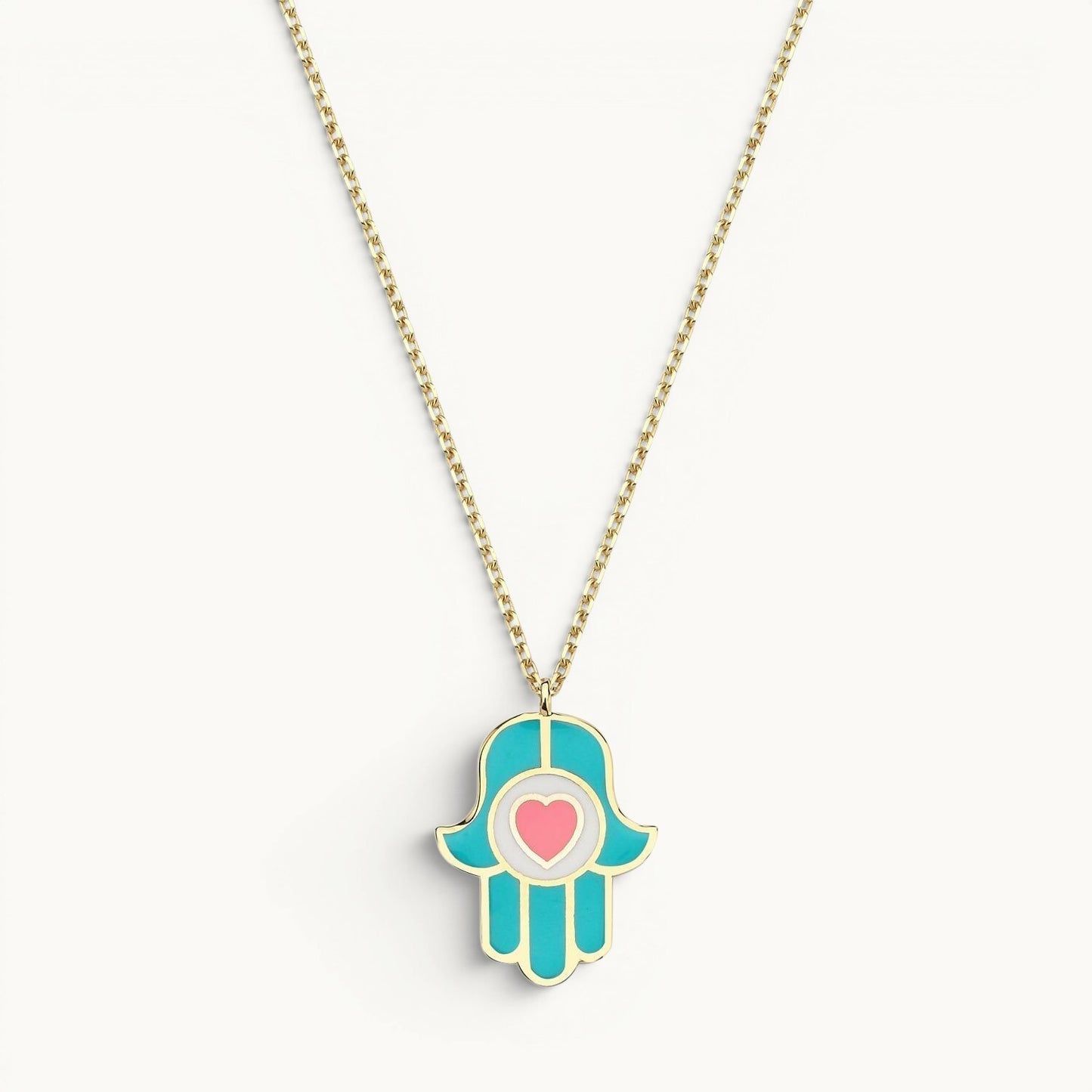 Hamsa pendant in turquoise and pink enamel with high-polish finish by Alef Bet