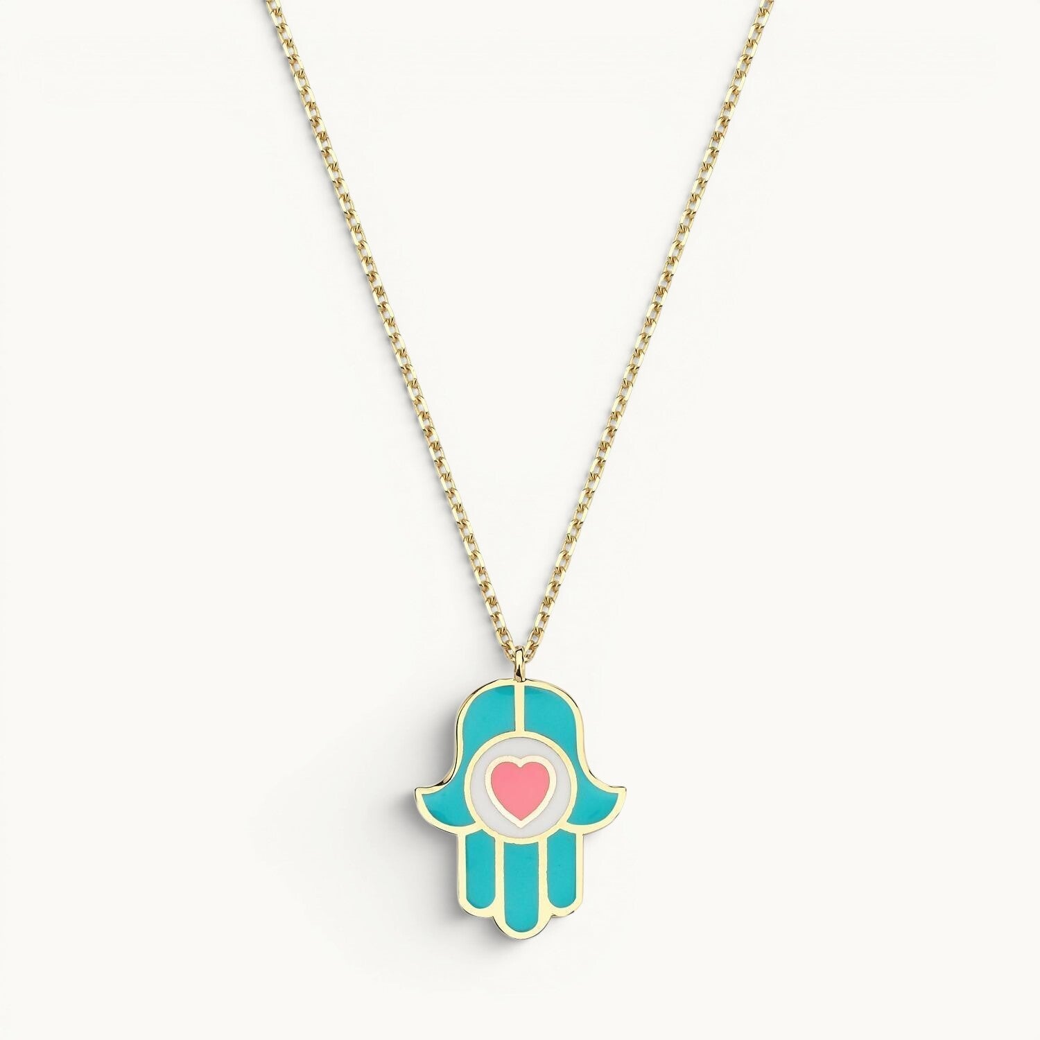 Hamsa pendant in turquoise and pink enamel with high-polish finish by Alef Bet