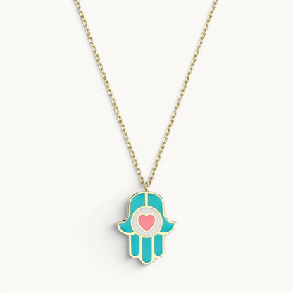 Hamsa pendant in turquoise and pink enamel with high-polish finish by Alef Bet