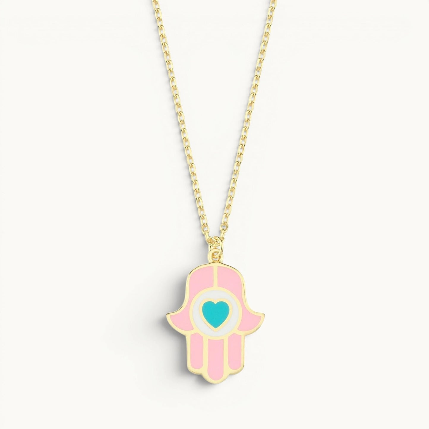 Hamsa pendant in pink and turquoise enamel with high-polish finish by Alef Bet