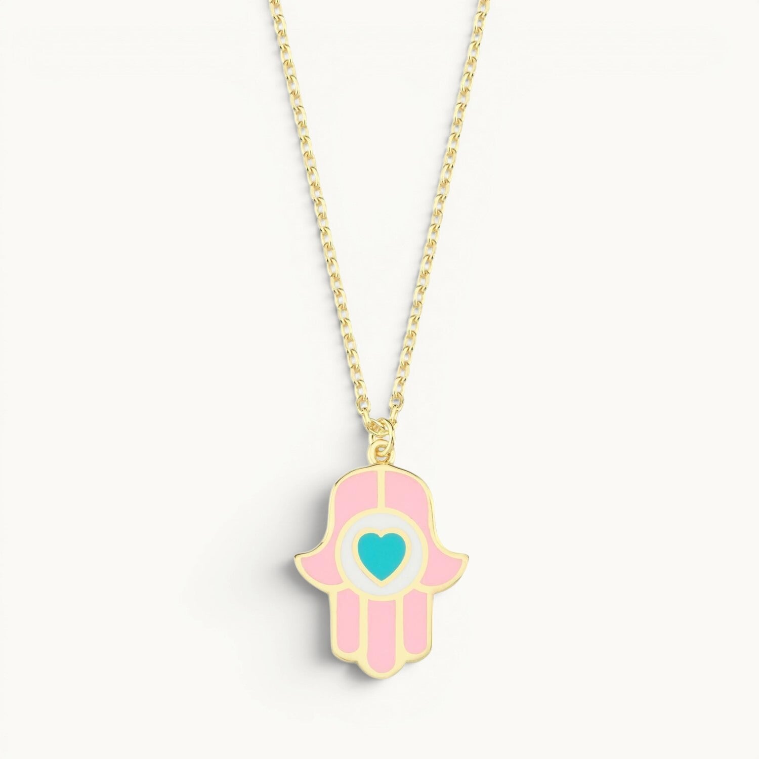 Hamsa pendant in pink and turquoise enamel with high-polish finish by Alef Bet