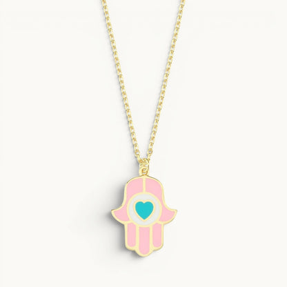 Hamsa pendant in pink and turquoise enamel with high-polish finish by Alef Bet