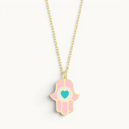 Hamsa pendant in pink and turquoise enamel with high-polish finish by Alef Bet