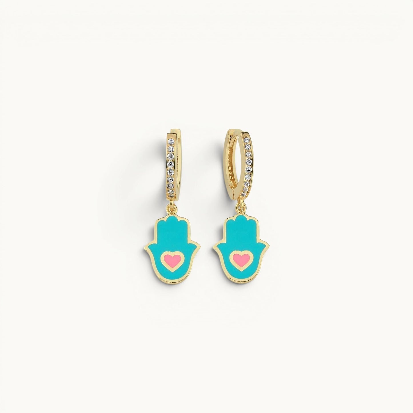 Hamsa stud earrings in turquoise with bezel-set gemstone detail by Alef Bet
