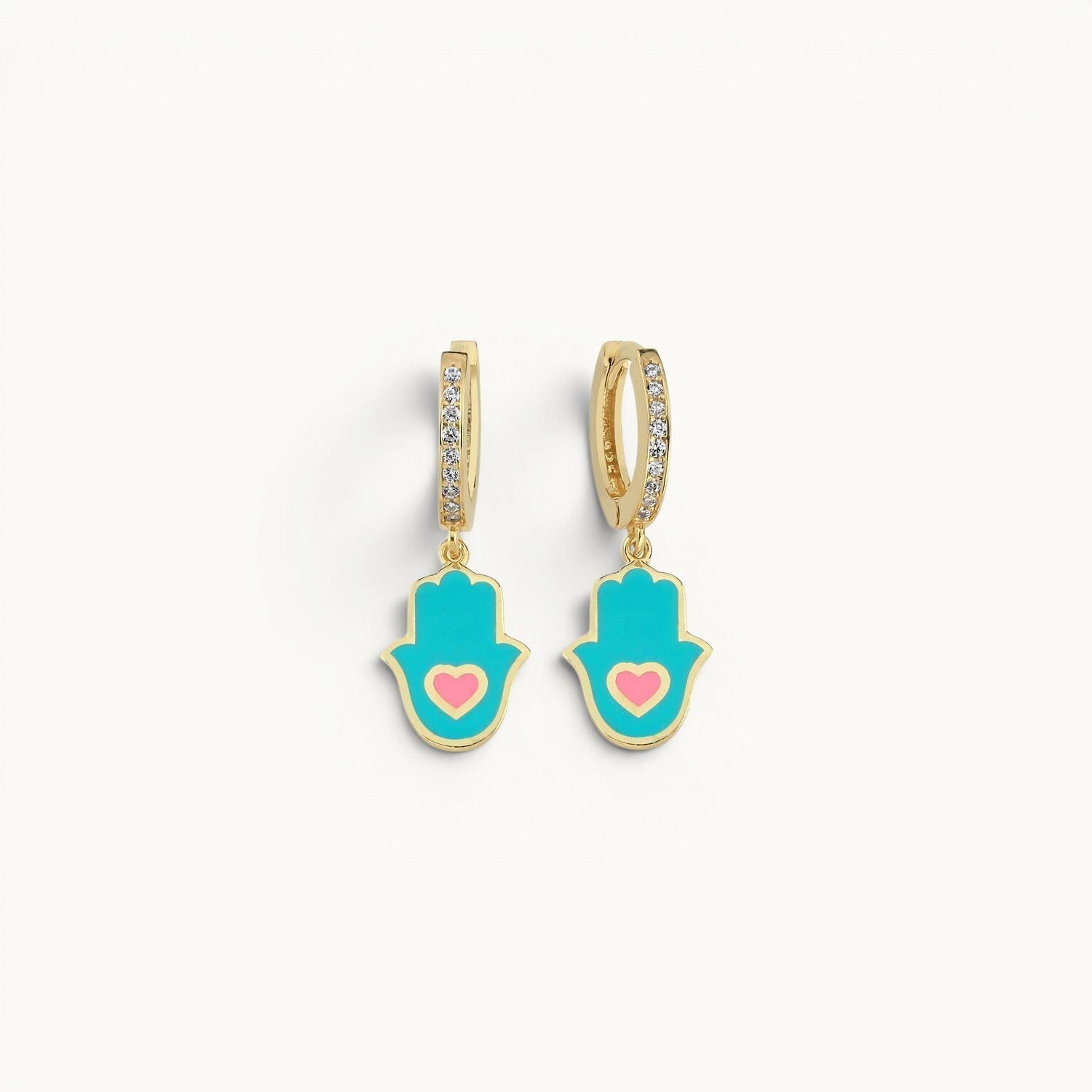 Hamsa stud earrings in turquoise with bezel-set gemstone detail by Alef Bet