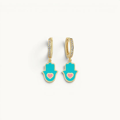 Hamsa stud earrings in turquoise with bezel-set gemstone detail by Alef Bet