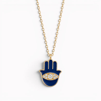Hamsa pendant necklace in navy enamel with gold-tone metal by Alef Bet
