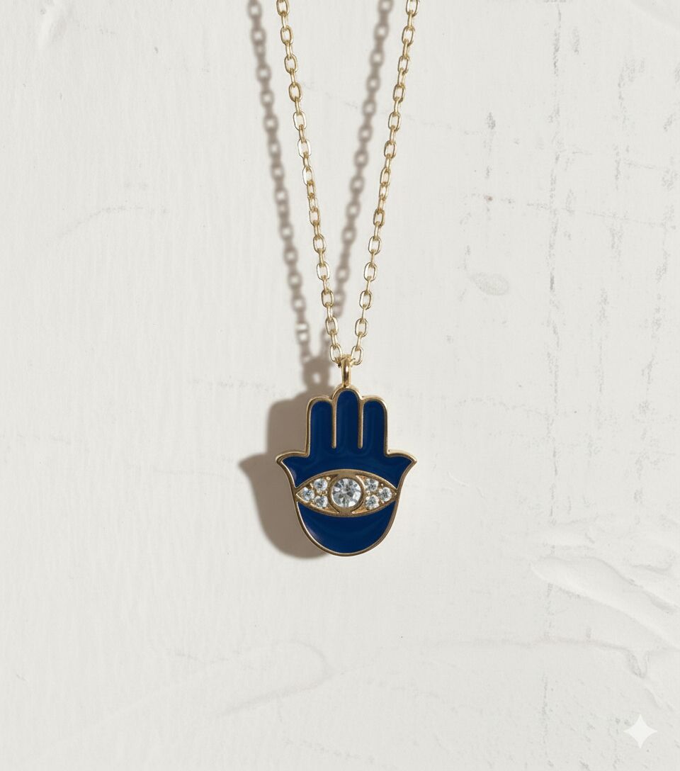 Hamsa Hand Necklace: Gold Plated with Enamel & Dazzling Sparkle