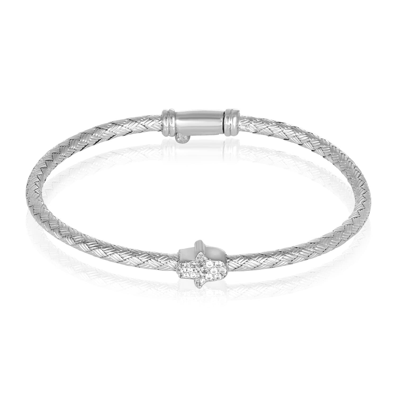 Hamsa bangle bracelet in sterling silver with pave-set cubic zirconia by Alef Bet
