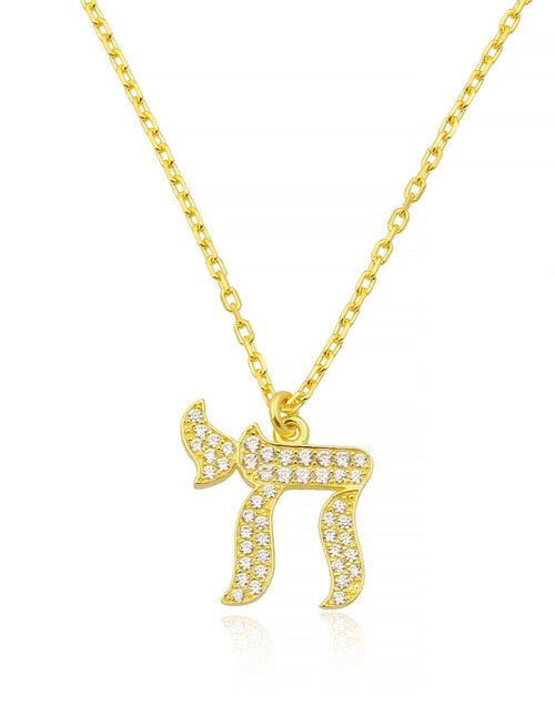 Chai Necklace in 14k Gold Plated Sterling Silver 925 with Pavé CZ