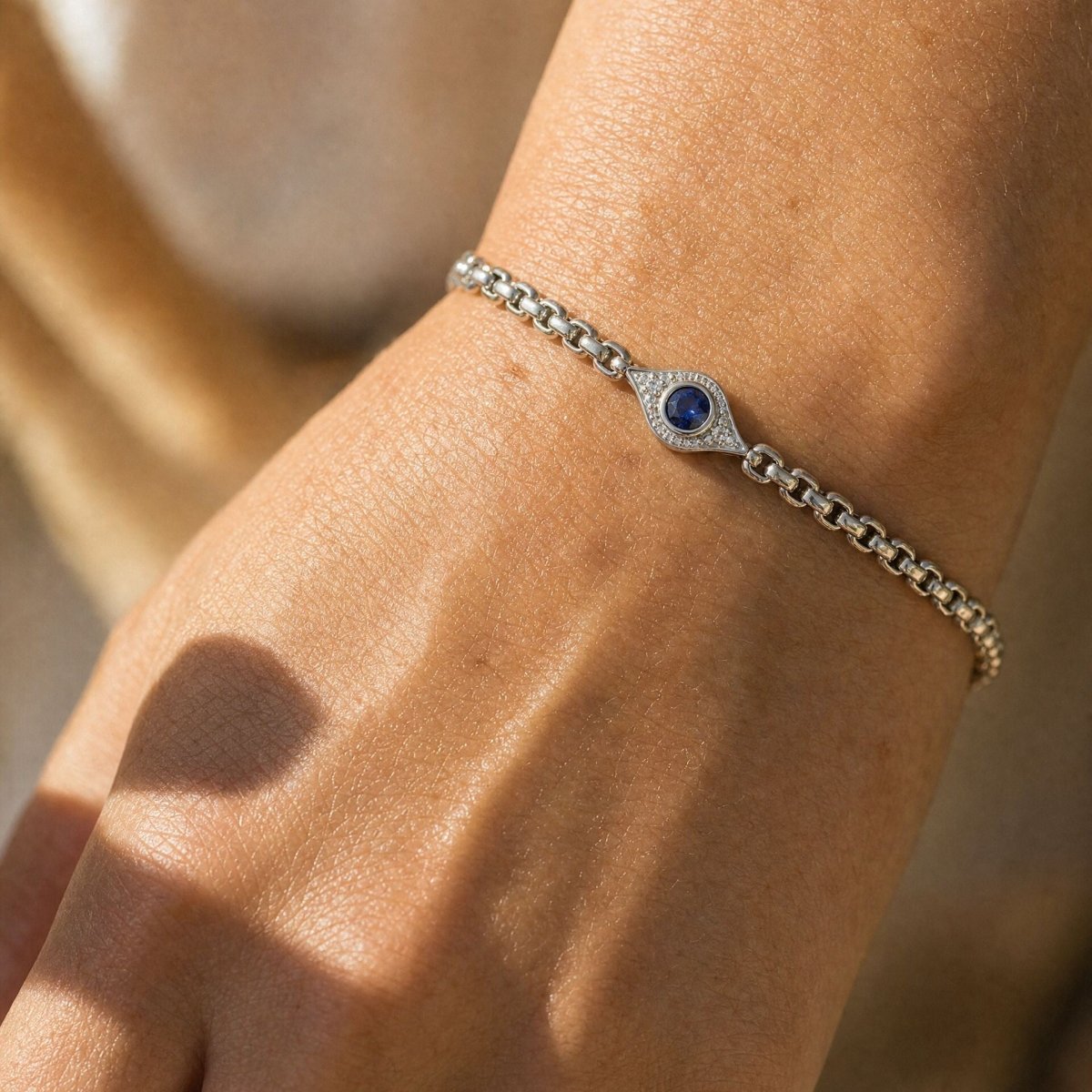 Alef Bet by Paula Evil Eye Bracelet Real Blue Sapphire and Diamond Sterling Silver Protection Amulet