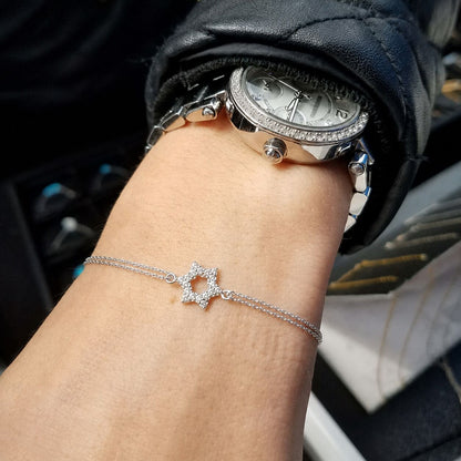 Double chain Star of David bracelet in sterling silver with bezel-set CZ by Alef Bet