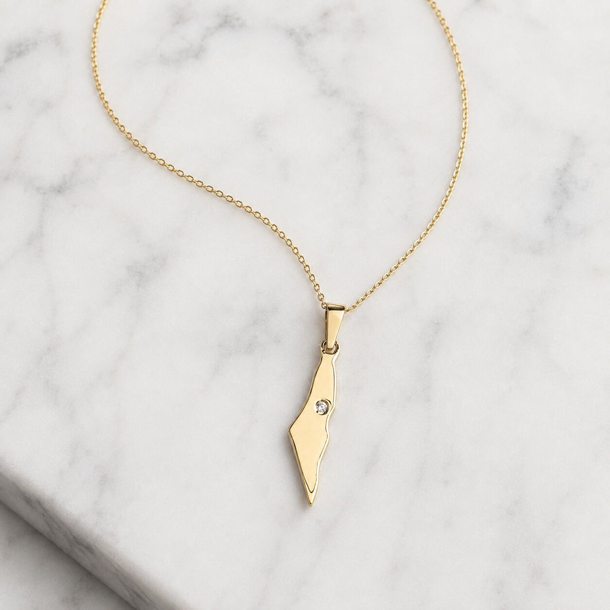Am Yisrael Chai Israel Map Necklace in Solid 14k Yellow Gold with Real Diamonds, the full declaration in fine jewelry