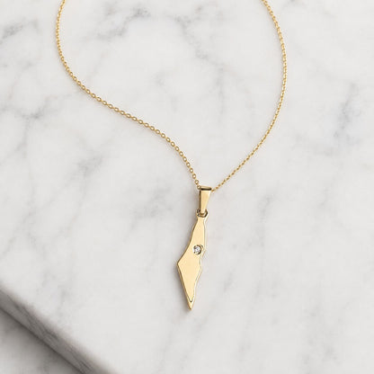 Am Yisrael Chai Israel Map Necklace in Solid 14k Yellow Gold with Real Diamonds, the full declaration in fine jewelry