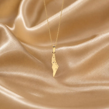 Am Yisrael Chai Israel Map Necklace in Solid 14k Yellow Gold with Real Diamonds, the full declaration in fine jewelry