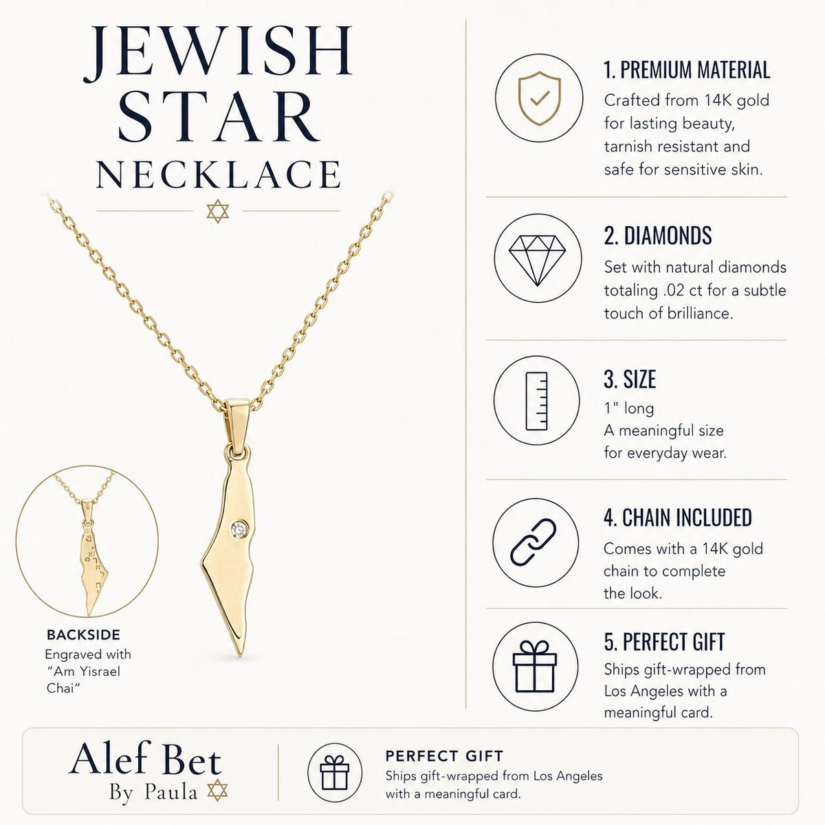 Gold Israel map necklace with delicate chain and bezel-set design by Alef Bet