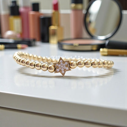Red beaded bracelet with high-polish Star of David, wrist wear perspective by Alef Bet