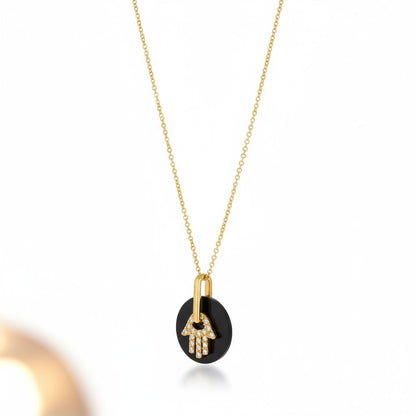Black Onyx Diamond Hamsa Necklace in 14k Gold
