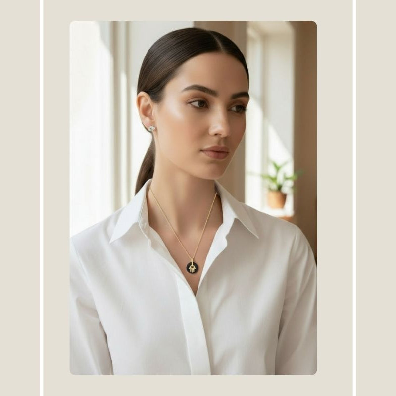 Black Onyx Diamond Hamsa Necklace in 14k Gold