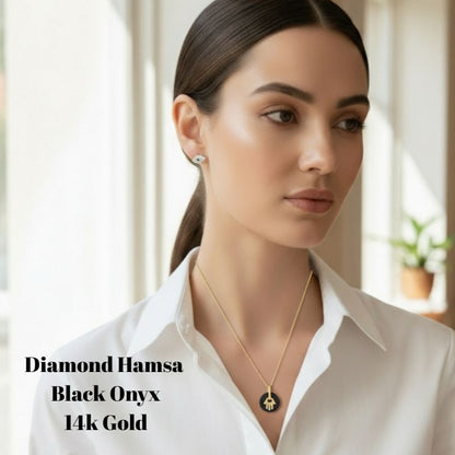 Black Onyx Diamond Hamsa Necklace in 14k Gold