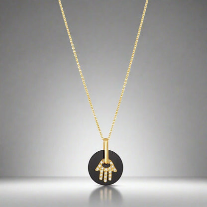 Black Onyx Diamond Hamsa Necklace in 14k Gold