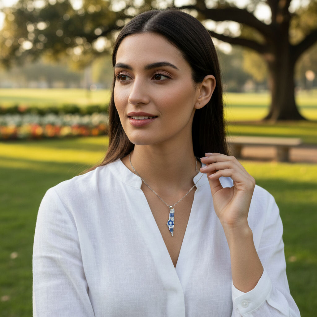 Pave gold Israel map necklace featuring blue white flag colors close-up view by Alef Bet