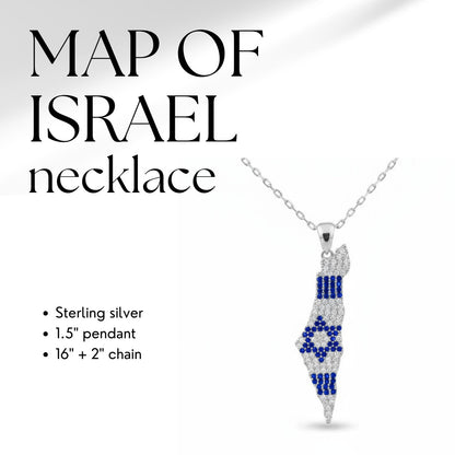 Israel map necklace in gold with pave-set blue and white enamel flag design by Alef Bet